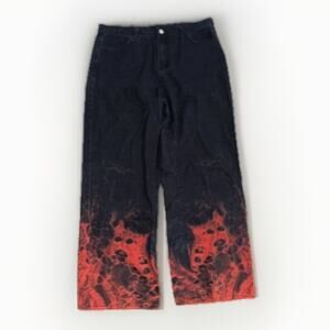 Shein Men’s Baggy Flame Jeans Black Red Bleach Wash 38x32 Streetwear Y2K Punk